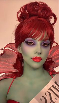 Halloween Costume With Face Paint, Bright Red Hair Halloween Costume, Ms Argentina Beetlejuice Costume, Red Hair Halloween Ideas, Red Haired Halloween Costumes, Ms Argentina Beetlejuice, Dark Red Hair Halloween Costumes, Red Hair Characters Halloween, Red Hair Halloween Costumes Ideas