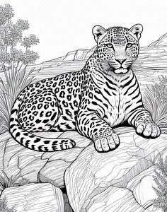 a black and white drawing of a leopard laying on rocks