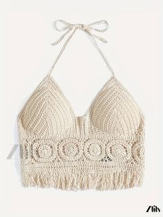 Zlily - Boho Sleeveless Beach Wear Halter Neck Tassel Crop Top for Women, Summer Cut Out Style, Elegant and Chic Womens Clothing Crop Top For Women, Summer Cut, Mock Neck Crop Top, Sheer Crop Top, Brown Crop Top, Purple Crop Top, Bandeau Crop Top, Cropped Long Sleeve Top, Strapless Crop Top