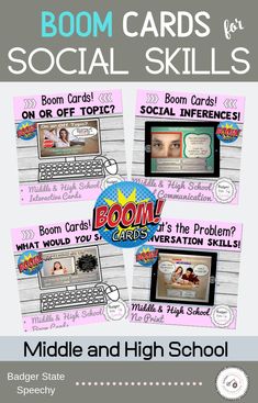 the boom cards for social skills are shown in three different colors and styles, with text below