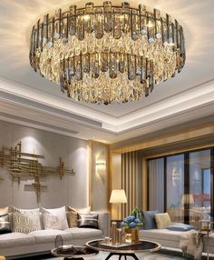 a living room filled with lots of furniture and a chandelier hanging from the ceiling