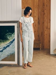 Topsail Straight Leg Overall - Railroad Stripe | Faherty Brand Short Hair Outfits, Tank Jumpsuit, Swim Pants, Antique Brass Hardware, Favorite Boots, Linen Shop, Dress Shirts For Women, Overalls Women, Sweater Sale