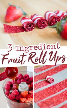 3 ingredient fruit roll ups with strawberries and raspberries