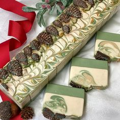 You can close your eyes and smell the crisp scent of pine in a winter forest with this Winter Woods~ Cold Process Soap, blended with Holiday notes of fir needle, cinnamon stick, cranberries, crisp apple and cedarwood. It is formulated to be ultra skin conditioning with the perfect winter scent. Making it an upscale Christmas soap, sure be your favorite go-to. “For a longer lasting & loving relationship, keep me dry between each use"! ;) Ingredients: Rice bran Oil, (Sustainable) Palm Oil, Coconut Oil, Distilled Water, Sodium Hydroxide, Cocoa Butter, Castor Oil,Shea Butter, Goats Milk, Coconut Milk, Colloidal Oatmeal, Kaolin Clay, Sodium Lactate, Pearl Powder, Tussah Silk, Fragrance, Mica (Titanium Dioxide) Disclaimer: Because our soaps are all handcrafted, no two soaps look alike. Our Soaps Handmade Soap Packaging, Winter Scents, Christmas Soap, Cold Process Soap Recipes, Pearl Powder, Winter Wood, Handmade Bath Products, Soap Packaging, Bath And Body Care