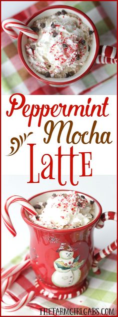 peppermint mocha latte with whipped cream in a red mug