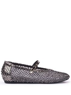 silver-tone mesh design leather trim crystal embellishment round toe buckle-strap fastening branded leather insole flat leather sole Ballerina Shoes, Iconic Bags, Demi Fine Jewelry, Fine Watches, Dolce E Gabbana, Silver Shoes, Van Cleef Arpels, Mesh Design, Flat Boots