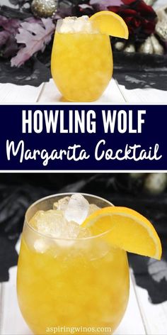 two glasses filled with yellow margarita cocktails and the words howling wolf margarita cocktail on top