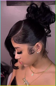 RareBae : Valentine’s Day Hair Inspo Classic barbie hairstyle with a curly bun credit; @thegirlhousee_ ig #forbaddiesonly {follow for more content} Updo Hairstyles For Birthday, Hair Styles Down For Prom, Baddie Hairstyles For Wedding, Pretty Short Hair Styles Prom, Hair Styles For Mother’s Day, Prom Dresses With Hairstyle, Pinned Up Prom Hairstyles, Birthday Hair Short Hairstyles, Hairstyles For Ironed Hair