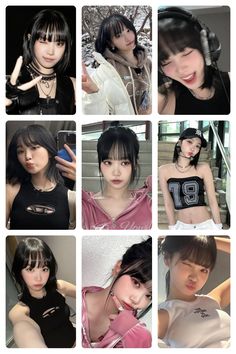 many different pictures of young women with short hair and bangs, all wearing black clothing