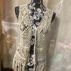 Size Medium Nwot Off White/Beige Crochet Vest With Fringe Fitted Beige Bohemian Vest, Bohemian Fitted Beige Vest, Fitted Bohemian Beige Vest, Beige One-size Crochet Top, One Size Beige Crochet Top, Crochet Fringe Vest, Crocheted Vest, Beige Crochet, Fringe Vest