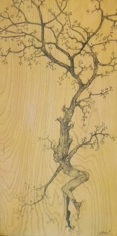 a drawing of a tree with no leaves on it, in front of a wooden background