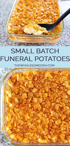 Small Batch Funeral Potatoes - AKA cheesy potato casserole with corn flake topping, party potatoes, or potluck potatoes - scaled down to make a great side dish. #funeralpotatoes #cheesypotatoes #sidedish #partypotatoes #potatocasserole Party Potatoes, Corn Flake, Cheesy Potato Casserole, Cheesy Corn, Potatoes Recipes, Cheesy Potato, Potato Sides