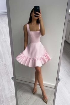 Square Neck Mini Dress With Ruffles For Night Out, Mini Dresses With Ruffles, Flirty Fit And Flare Dress With Square Neck, Square Neck Ruffle Hem Dress For Date Night, Square Neck Dress With Ruffle Hem For Date Night, Date Night Dress With Ruffle Hem And Square Neck, Elegant Pink Mini Hem Dress, Party Mini Dress With Ruffles, Party Mini Dress With Ruffle Hem