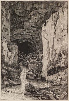 an ink drawing of a cave with water coming out of it and rocks in the foreground