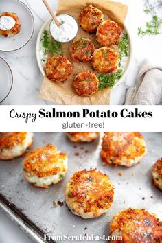 crab and salmon potato cakes on a baking sheet