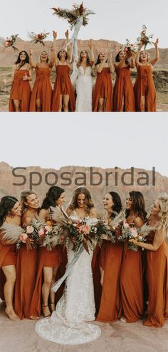 the bride and her bridesmaids are posing for pictures in front of some mountains