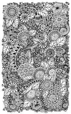 an intricate coloring page for adults with flowers and leaves on the bottom, in black and white