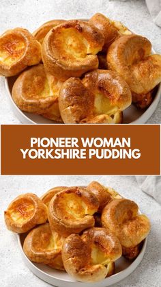 a plate full of yorkshire puddings on top of a white table with text overlay