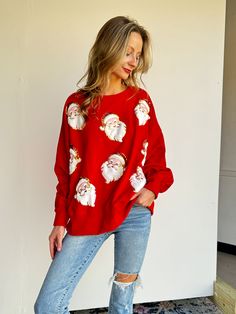 Add some sparkle and fun to your holiday wardrobe with our Red Sequin Santa Sweatshirt! This oversized sweatshirt features a fuzzy santa beard and is adorned with sparkly sequins. Perfect for the Christmas season, this unique sweatshirt will make you stand out and spread some holiday cheer. Sequin santa long sleeve Red sweatshirt Runs true to size, comfortable fit Perfect for Christmas festivities! Trendy Christmas Long Sleeve Sweater, Trendy Long Sleeve Christmas Sweater, Casual Festive Sweatshirt For Fall, Casual Fall Festive Sweatshirt, Festive Long Sleeve Cotton Sweater, Festive Long Sleeve Fall Sweatshirt, Casual Christmas Sweater With Relaxed Fit, Relaxed Fit Holiday Sweatshirt For Fall, Casual Long Sleeve Holiday Sweatshirt