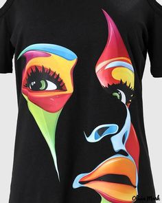 Olivia Mark - Off-the-shoulder abstract figure print top Black Crew Neck Top With Abstract Print, Artistic Black Tops For Spring, Multicolor Graphic Tops For Summer, Multicolor Graphic Design Tops For Summer, Multicolor Graphic Design Summer Top, Artistic Summer Tops With Abstract Print, Bold Summer Tops With Abstract Print, Bold Abstract Print Summer Tops, Summer Graphic Tee With Abstract Print