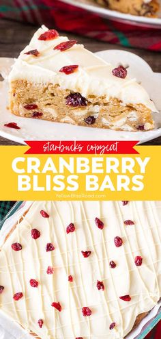 cranberry bliss bars with cream cheese frosting on top