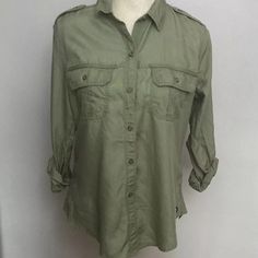 Not Stretchy Pit To Pit About 20” Length 27” Casual Button-up Blouse With Placket, Everyday Tops With Roll-up Sleeves, Khaki Collared Cotton Blouse, Casual Khaki Tops With Buttons, Collared Cotton Blouse In Khaki, Khaki Cotton Collared Blouse, Khaki Cotton Button-up Top, Casual Khaki Shirt With Roll-up Sleeves, Casual Collared Blouse With Placket