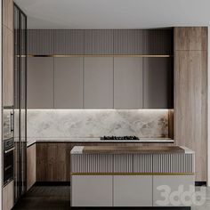 a modern kitchen with marble counter tops and wooden cabinetry, along with stainless steel appliances