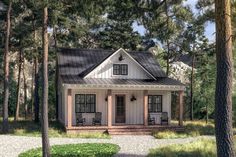 this is a computer rendering of a small house in the woods with trees around it