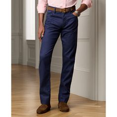 These jeans are crafted with a lightweight blend of linen cotton and stretch fibers for superior comfort. Elegant Business Casual Cotton Jeans, Elegant Cotton Jeans For Business Casual, Elegant Cotton Jeans With Pockets, Business Casual Denim Blue Cotton Pants, Elegant Relaxed Fit Cotton Jeans, Ralph Lauren Casual Business Casual Pants, Ralph Lauren Casual Business Pants, Ralph Lauren Straight Leg Jeans For Spring, Slim Fit Men