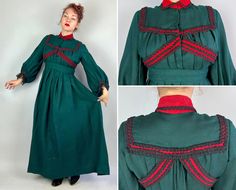 "Carolers and ghostly visitors will think you look grand in this 1800's dress! Forest green wool is a cozy winter treat trimmed with strips of scarlet further adorned with swirled black cord. The billowy poet sleeves have black lace cuffs and a cummerbund style waist holds the pleats of the full billowy skirt. Fastens with hooks and eyes. This dress is in great vintage condition, with no holes, stains, or odours to note.  Measurements taken flat and doubled where appropriate: Bust: 43\" Shoulder 1800s Christmas, Carol Dress, 1800's Dress, Lace Cuffs, Pretty Clothes, Vintage Victorian, Green Wool, Cozy Winter, Flower Images