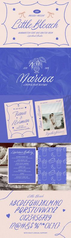 the wedding stationery has been designed to look like it is in blue and white