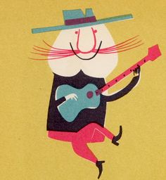 a cat with a guitar and hat on it's head is jumping up in the air