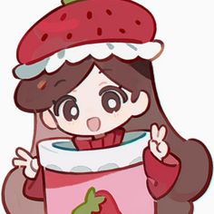 a girl in a strawberry hat is holding a bucket with some strawberries on it