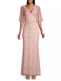 Shop Aidan Mattox Beaded & Seqin-Embroidered Gown | Saks Fifth Avenue Black Tie Gowns, Sleeve Gown, Aidan Mattox, Beaded Gown, Gowns With Sleeves, Tall Model, Flutter Sleeves, Mother Of The Bride Dresses, Beaded Embroidery