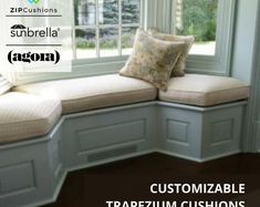 a window seat with pillows on it in front of a window and the words customizable traffium cushions