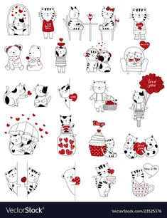 a bunch of cats with hearts on their chests and one cat holding a red heart