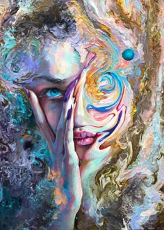 a painting of a woman with blue eyes and hands on her face, surrounded by colorful swirls