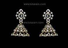 18 karat gold diamond jhumkas - diamond dangle earrings - 235-DJH007 - in 5.050 Grams for USD $1,741.96 USD. 
Made in India by Totaram Jewelers Online this product is in Gold - 18 Karat Gold  & is an excellent gift for Adult - Women. Ships fully insured with secured guaranteed delivery for free with your order over $250 from New Jersey USA & comes with 30 days exchange policy. Luxury Gold Dangle Chandbalis, Traditional Diamond Earrings With Accents For Formal Occasions, Traditional Formal Diamond Earrings With Accents, Diamond Jhumkas With Intricate Design For Festivals, Hand-set Diamond Jhumkas, Traditional Diamond Jhumkas For Diwali, Elegant American Diamond Jhumkas, Traditional Diamond Earrings For Formal Occasions, Traditional Formal Diamond Earrings