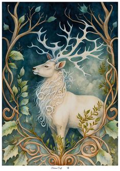 a painting of a white deer surrounded by trees