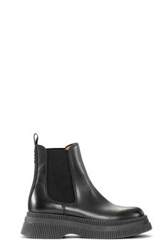 These are classic ankle boots in leather, featuring chelsea-style elastic panels, toe cap details, pull tabs, and chunky creeper's-inspired soles in contrasting rubber. GANNI Creepers Chelsea Boots in Black | Women's Size 5 | Calf Leather/Leather Black Creepers, Chelsea Boots Outfit, Black Chelsea Boots, Creepers, Boots Outfit, Calf Leather, Chelsea Boots, Chelsea, Ankle Boots