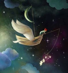 an artistic painting of a girl on a boat in the sky with stars and clouds