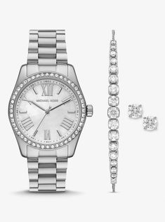 Lexington Pavé Silver-Tone Watch and Bracelet Set Elegant Stainless Steel Jewelry With Diamond Hour Markers, Michael Kors Jewelry With Metal Dial As Gift, Michael Kors Jewelry With Round Dial For Gifts, Michael Kors Round Dial Watch As A Gift, Michael Kors Jewelry Gift With Round Dial, Michael Kors Jewelry Gift, Silver Metal Watch With Diamond Hour Markers, Silver Metal Watches With Diamond Hour Markers, Michael Kors Silver Jewelry With Diamond Hour Markers