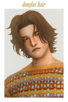 an animated image of a young man with long hair and brown eyes, wearing a patterned top