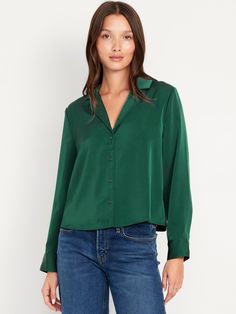 Satin Cropped Button-Down Shirt | Old Navy Basic Essentials, Cropped Button Down, 2024 Christmas, Look Older, Satin Shirt, Family Maternity, Green Button, Old Navy Women, Style Mistakes