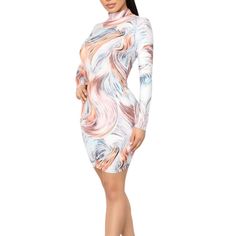 Approx Meas Sleeve 23in Length Shoulder To Hem 23.5in Mock Turtle Neck White High Neck Midi Dress For Spring, Multicolor Knee-length Bodycon Dress For Spring, Spring Multicolor Knee-length Bodycon Dress, Multicolor Fitted High Neck Dress, Multicolor Printed Mini Bodycon Dress, Spring Mini Dress With Abstract Print, Spring Abstract Print Mini Dress, Multicolor Mini Length Bodycon Dress For Fall, Multicolor Mini Bodycon Dress For Fall