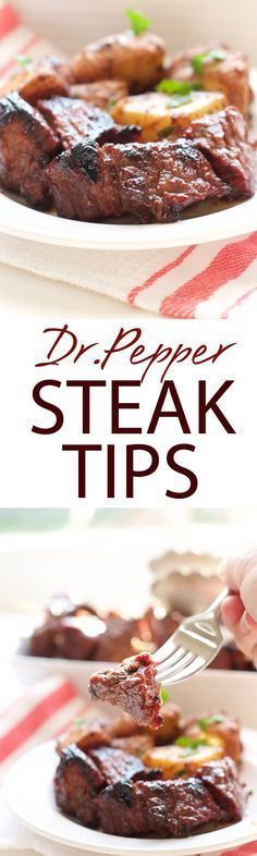 two plates with steaks on them and the words dr pepper's steak tips