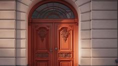 an orange door is shown in front of a white building with arched glass and ironwork