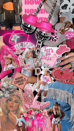 a collage of barbie dolls, hats, and other items is featured in this image