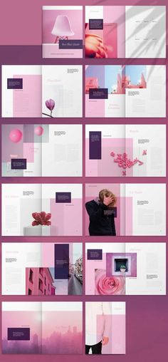 the pink and purple color scheme is shown in this graphic art workbook, which includes several