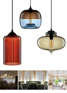 three different colored glass pendant lights hanging from the ceiling